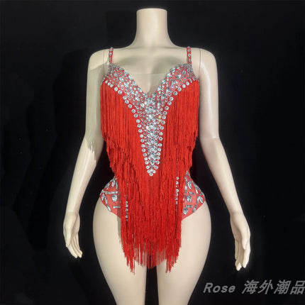 Custom Fringe Rhinestone Bodysuit & Stage Performance Dance Costume