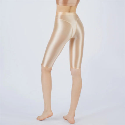 Oil Glossy High-Stretch Knee-Length Shorts Satin Shine Performance Biker Shorts