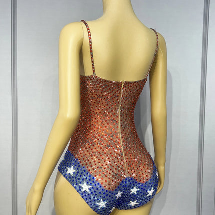 Twinkling Rhinestone Stars High-Cut Stage Bodysuit Dance Performance Leotard