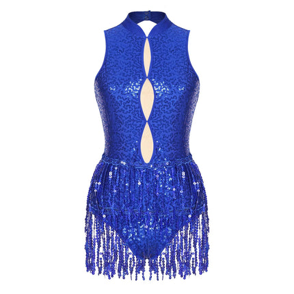 Glitter Sequin Fringe Latin Dance Leotard & Backless Performance Bodysuit
