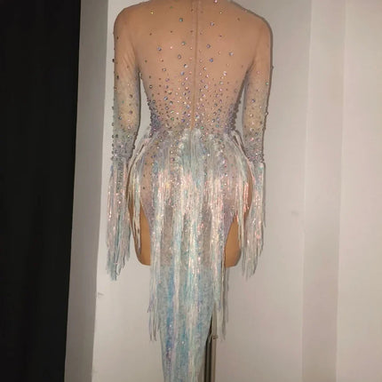 Iridescent Crystal Tassel Long Sleeve Sheer Mesh Stage Bodysuit Costume