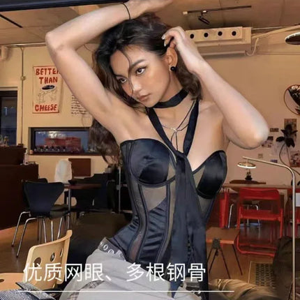 Strapless Breathable Mesh Corset Bustier Built-In Bra Boned Waist Cincher Top