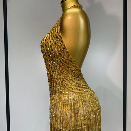 Gold Rhinestone Sheer Mesh Bodysuit Luxury Stage Performance Jumpsuit