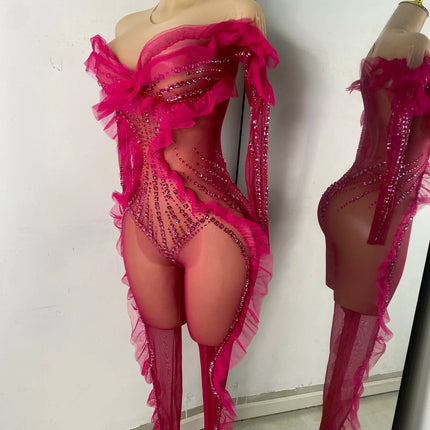 Sparkly Diamonds Women Long Sleeve See Through Mesh Tight Jumpsuit Costume Nightclub Dancer Outfit Performance Stage Wear