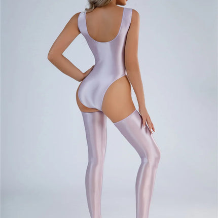 Backless High-Cut Oil Glossy Sheer Bodysuit & Matching Stockings Set