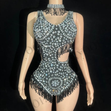 Sparkly Rhinestone Tassel Mock Neck Bodysuit Sleeveless Showgirl Stage Leotard
