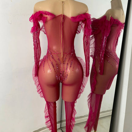 Sparkly Diamonds Women Long Sleeve See Through Mesh Tight Jumpsuit Costume Nightclub Dancer Outfit Performance Stage Wear