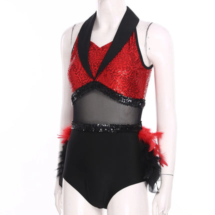 Women's Shiny Sequin Sheer Mesh Feather Latin Jazz Dance Bodysuit