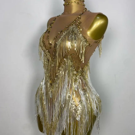 Sparkly Rhinestone & Tassel Fringe Latin Dance Mini Dress Stage Costume