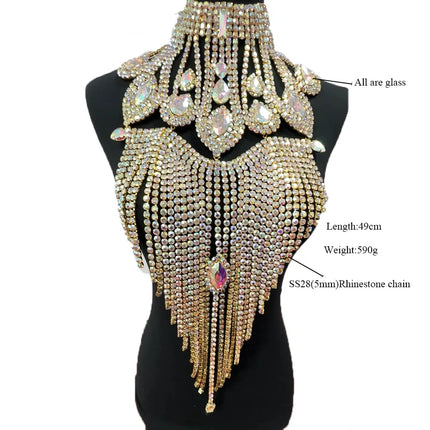 Long Rhinestone Tassel Fringe Crystal Drop Chocker Necklace Body Jewelry