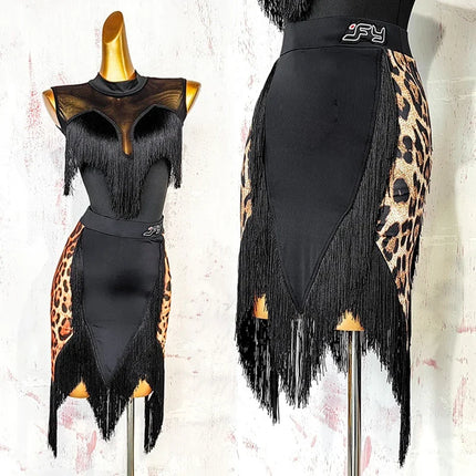 Black Open-Back Leotard & Leopard Print Fringe Skirt Latin Dance Costume Set