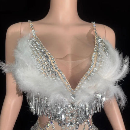 Sparkly Rhinestone Sequin Feather Bodysuit Showgirl Stage Performance Leotard