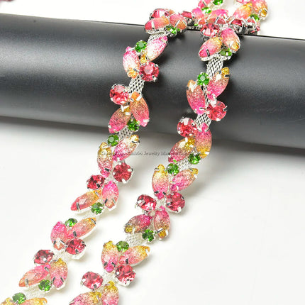 The Stardust Pink Blossom – Glitter Pink Leaf Glass Rhinestone Chain & Trim Applique