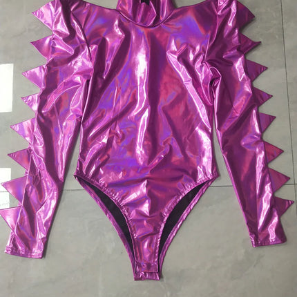 Metallic Armor Bodysuit & Trailing Bustle Skirt 2-Piece Stage Performance Costume Set