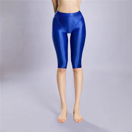 Women's Oil Glossy Sheer High-Waist Shaping Shorts Satin Smooth Leggings