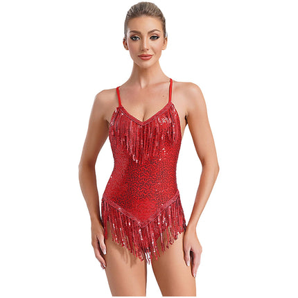 Sequins Fringed Cross Back Latin Dance Leotard Sleeveless V-Neck Bodysuit