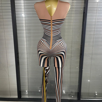 Zebra Print Illusion Catsuit & Feather Wing Bolero Jacket 2-Piece Stage Costume Set