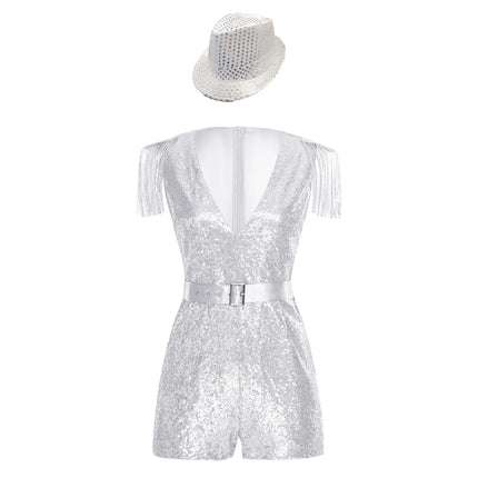 Sequin Tassel Romper, Adjustable Belt & Matching Hat Stage Dance Costume Set