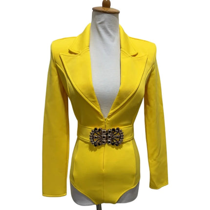 Women's Long Sleeve Blazer Bodysuit with Crystal Belt, V-Neck Zipper Stage & Concert Performance Costume