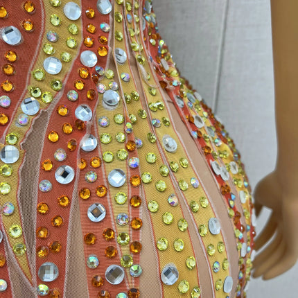 Gold & Amber Beaded Rhinestone Catsuit Illusion Mesh Long-Sleeve Jumpsuit Stage Costume