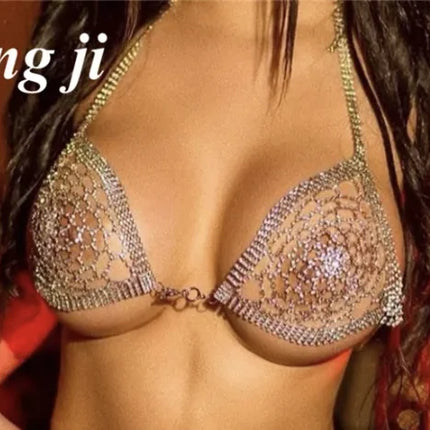 Dazzling Grid-Pattern Crystal Bikini Bra Chain & Tassel Skirt Set