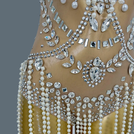 Nude Sheer Mesh Rhinestone Pearl Tassel Bodysuit Stage Performance Leotard