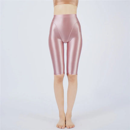 Oil Glossy High-Stretch Knee-Length Shorts Satin Shine Performance Biker Shorts
