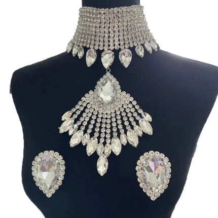 Oversized Crystal Rhinestone Tassel Choker & Earrings Drag Queen Jewelry Set