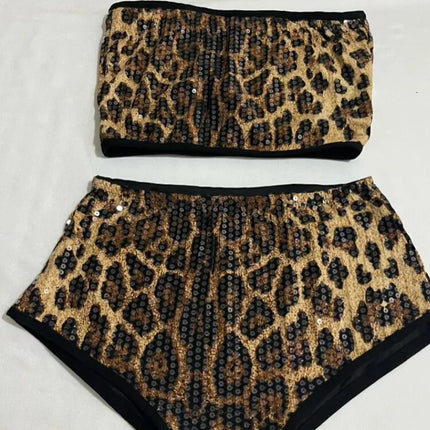 Sequined Top & High-Waist Leopard Print Shorts 2-Piece Gogo Dance Set