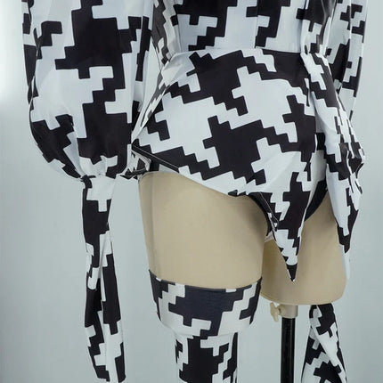 Houndstooth Geometric Print Bodysuit, Over-Knee Boots & Statement Hat 3-Piece Stage Costume Set