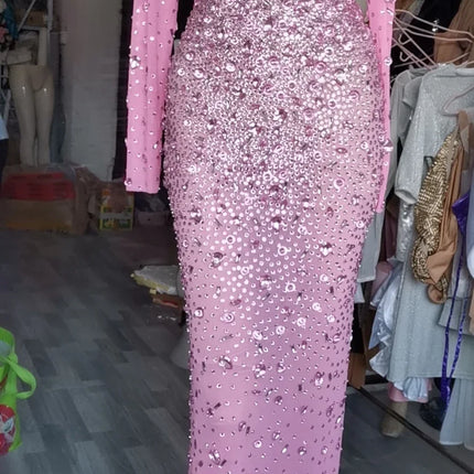 Sparkling Full Crystal Illusion Jumpsuit Long Sleeve Rhinestone Catsuit Stage Wear