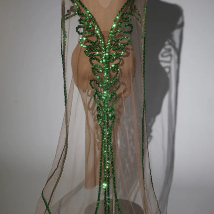 Sparkly Green Sequin Sheer Mesh Evening Gown with Cloak Stage Performance Costume