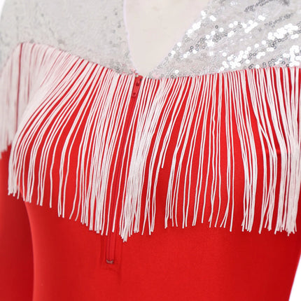 Western Cowgirl Sequin Fringe Long Sleeve Bodysuit Disco Dancewear Romper