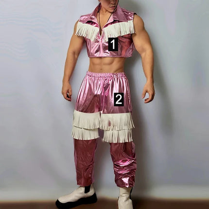 Men's Pink Western Cowboy Fringe Stage Outfit & Gogo Dance Performance Costume