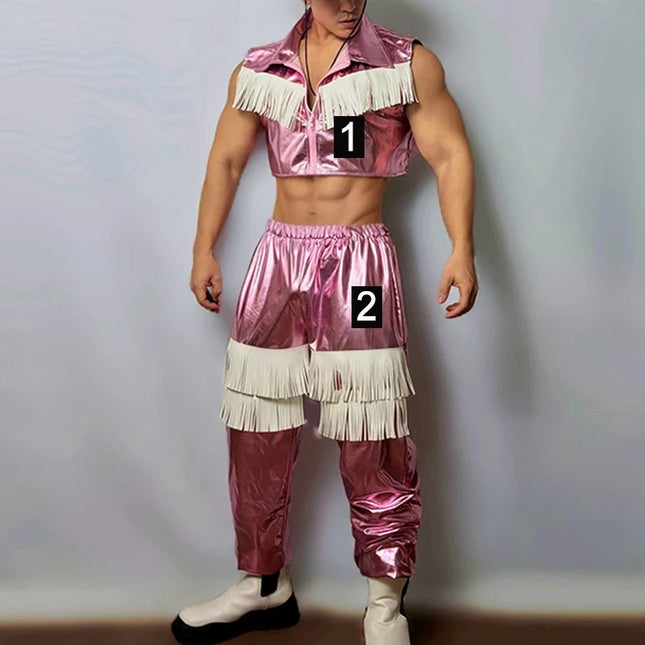 Men's Pink Western Cowboy Fringe Stage Outfit & Gogo Dance Performance Costume