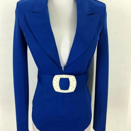 Women's Long Sleeve Blazer Bodysuit with Crystal Belt, V-Neck Zipper Stage & Concert Performance Costume