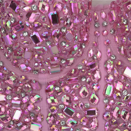 The Stardust Prism Siren – Sparkly Pink Rhinestone & Beaded Bustier Corset Crop Top