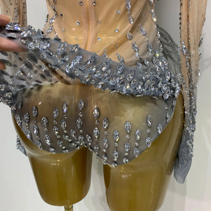 Luxury Shining Diamond See-Through Mesh Bodysuit Stage Performance Jumpsuit