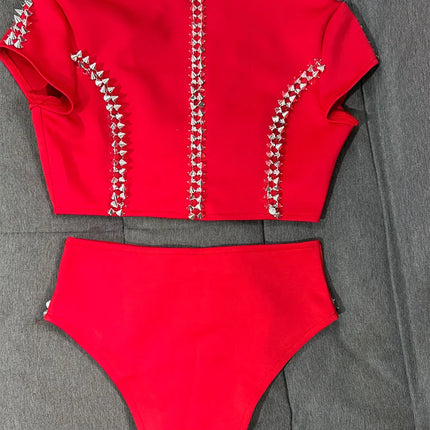 Sparkly Red Rhinestone Top & Shorts Set Gogo Showgirl Performance Outfit