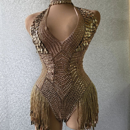 Gold Sparkly Rhinestone & Sequin Deep V-Neck Leotard Stage Performance Costume