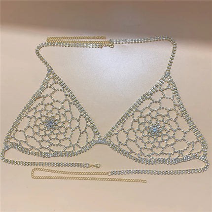 Dazzling Grid-Pattern Crystal Bikini Bra Chain & Tassel Skirt Set