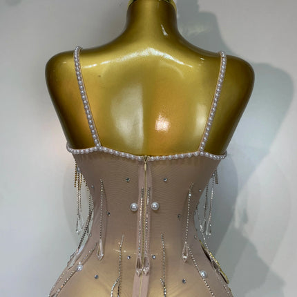 Colorful Rhinestone Pearl Sheer Dress & Two-Piece Mini Skirt Set Celebration Outfit
