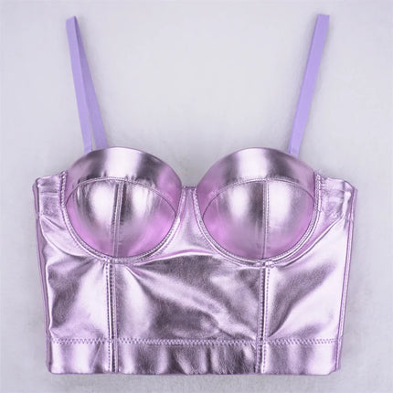 Purple Metallic PU Leather Bustier Corset Crop Top High Street Bralette