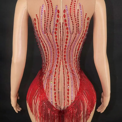 Sparkly Rhinestone, Sequin & Fringe Sleeveless Bodysuit Stage Performance Costume