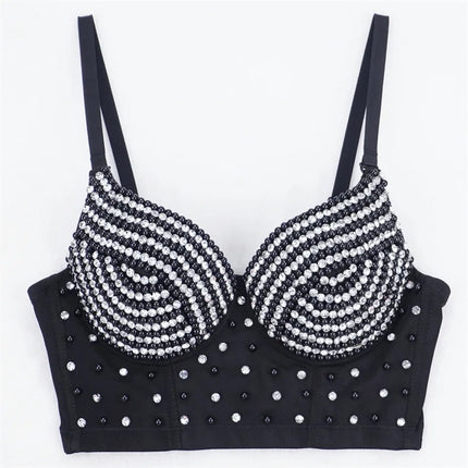 Rhinestone Beaded Bustier Corset Crop Top High Fashion Evening Party Bralette