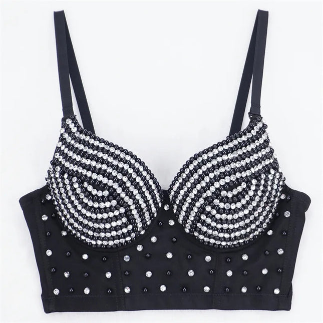 Rhinestone Beaded Bustier Corset Crop Top High Fashion Evening Party Bralette