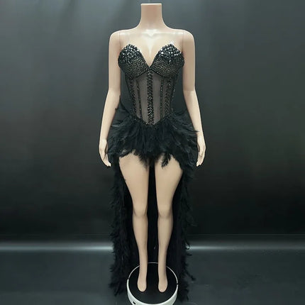 V-Neck Crystal Corset High-Low Feather Gown & Special Occasion Birthday Dress