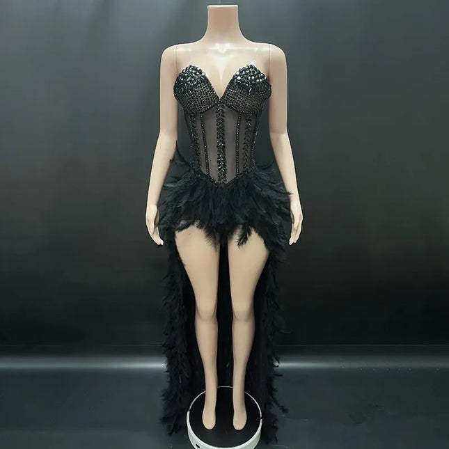 V-Neck Crystal Corset High-Low Feather Gown & Special Occasion Birthday Dress