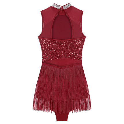Sparkly Sequin & Fringe Dance Dress with Gloves Latin Stage Performance Costume