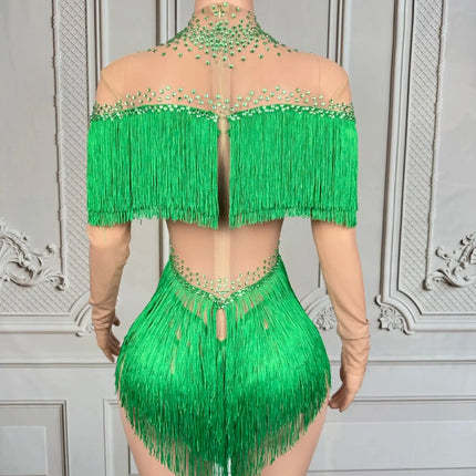 Sparkly Rhinestone Tassel Fringe Dance Performance Costume Stage Bodysuit
